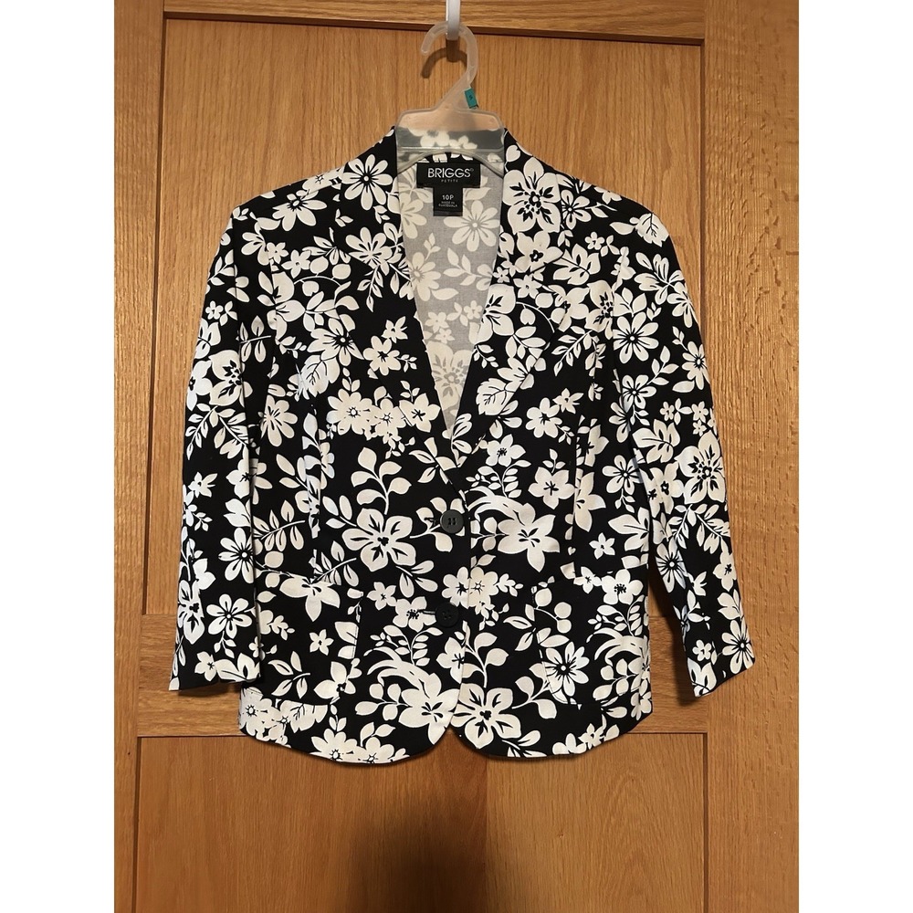 Vintage Y2K 90s Briggs Black & White Floral Print Women's Blazer Size 10 Petite